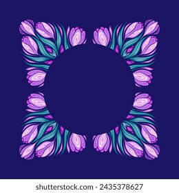 Vector frame made of geometric illustration of crocuses and copy space. Decorative border of spring flowers and place for text. Template of ornate flowery bouquet for invitation and card