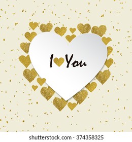  Vector Frame made of Hand Drawn Doodle gold foil Hearts.Valentine's Day Background.