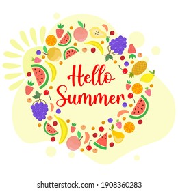 Vector frame made of Hello Summer fruits. Illustration of fruits in flat and carton style: apple, pineapple, watermelon, strawberry, cherry, banana, orange, grapes. Cute summer poster, print, banner