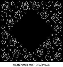 Vector Frame made of Pet paw Prints and Hearts outline symbols - minimal banner or illustration with footprints