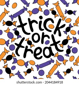Vektorrahmen aus Süßigkeiten mit Inschrift-Trick oder in flachem Stil. Festliche Grenze, Grußkartentitel, Einladung, Partyposter