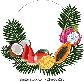 Vector frame made of tropical fruits and leaves. Vector illustration