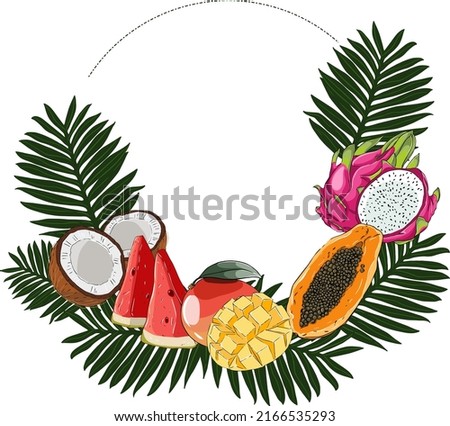 Vector frame made of tropical fruits and leaves. Vector illustration