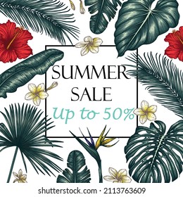 Vektorrahmen aus tropischen Blättern und Blumen. Banner-Vorlage für den Sommerverkauf. Palmen- und Bananenblätter, Monstera, Plumeria, Hibiscus, Strelitzia