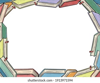 Vector frame made of vintage books on white background Card or banner template ready for text or design