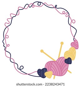 Vector frame made of yarn in the form of hearts with knitting needles. Knitting threads, knitting needles. Multi-colored frame in a flat style.