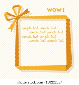 Vector Frame Made From Yellow Paper Ribbon With Bow. Origami Modern Simple Light Background With Text Box For Presentation. Original Greeting, Invitation Card For Print, Web. Decorative Illustration 