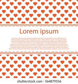 Vector frame of many red hearts on white background and text stripe. Valentines day card.