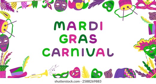 Vector frame for Mardi Gras carnival. Party invitation with beads, flags and confetti with text. Carnival masks and feathers. Multicolored and rainbow party poster