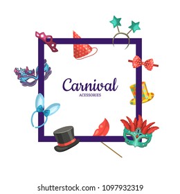 Vector frame with masks and party accessories around it with place for text in center illustration