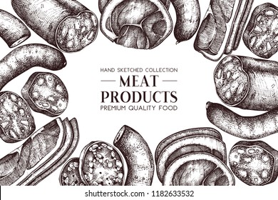 Vector frame with meat sketches. Dairy products vintage template.  Hand drawn food illustration on white background.
