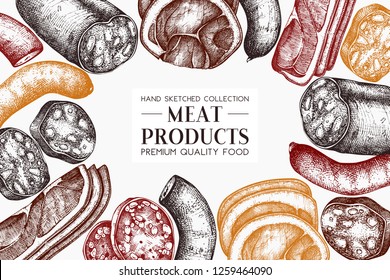 Vector frame with meat sketches. Dairy products vintage template.  Hand drawn food illustration on white background.