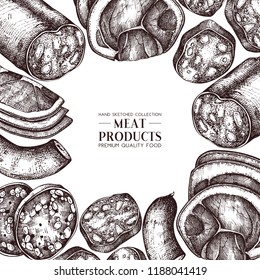Vector frame with meat sketches. Hand drawn fast food illustrations. Italian Pizza ingredients. Dairy products vintage template on white background.