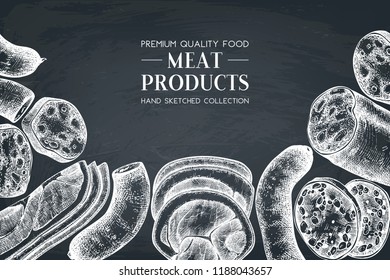 Vector frame with meat sketches. Hand drawn fast food illustrations. Italian Pizza ingredients. Dairy products vintage template on chalkboard.
