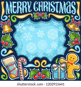 Vector frame for Merry Christmas holiday, dark poster with kids sock, cute gingerbread man, leaves of holly berry, candy cane, gift box and original brush lettering for wish message merry christmas.