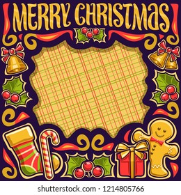 Vector frame for Merry Christmas holiday, dark placard with kids sock, cute gingerbread man, leaves of holly berry, candy cane, gift box and original brush typeface for wish message merry christmas.