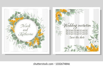 Vector frame with Mimosa flowers and green leaves. Golden round frame, leaves. All elements are isolated. Vector template for wedding invitation.
