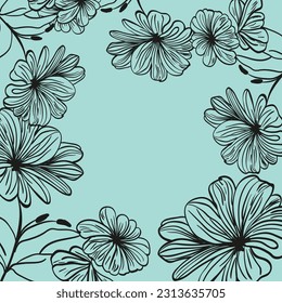 Vector frame of a monochromatic floral illustration on a bold blue backdrop. A black and white drawing of flowers on a blue background.