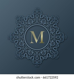 Vector frame monogram design in trendy 3d style with shadow. Calligraphic ornament with a letter M.