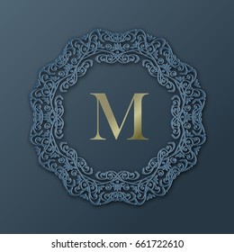 Vector frame monogram design in trendy 3d style with shadow. Calligraphic ornament with a letter M.