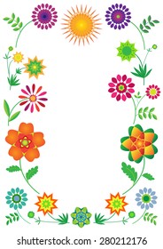 Vector frame of multicolored flowers on white background. Bright card, book cover, booklet or flyer design.