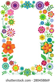 Vector frame of multicolored flowers on white background. Bright card, book cover, booklet or flyer design.