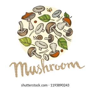 Vector frame with Mushrooms, hand drawn template. Lingonberry background.