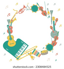 Vector frame with musical instruments. Orchestra includs drum, triangle, tambourine, piano, trumpet, saxophone, trombone, guitar, banjo, ukulele. Can be used as greeting card, banner, invitation.