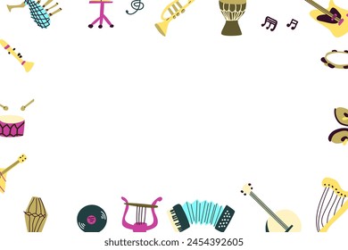 Vector frame with musical instruments piano, guitar, tradition classical instruments. Orchestra includs drum, triangle, tambourine, piano, trumpet, saxophone, trombone, guitar, banjo. 