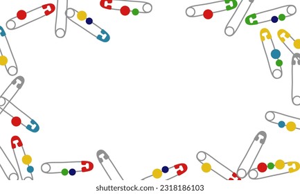 Vector frame with needlework elements in the form of pins with colored beads on a white background. Closed decorative pins, needles, beads, beads of bright colors. For inscriptions in sewing style
