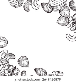 Moldura vetorial de nozes, avelãs, caju, nozes, amêndoas, todos os objetos são desenhados à mão com tinta. A ilustração é adequada para impressão em tecido, papel, toalhas de cozinha, decoração de louça.