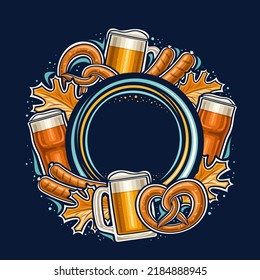 Vector frame for Oktoberfest with copy space for advertising text, decorative poster with illustration of foam beer mug, oktoberfest pretzel, autumn leaves and grilled sausages on dark blue background