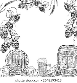 Oktoberfest com vidro e garrafa de cerveja, salsicha e lúpulo comum. Barril de madeira para cerveja. Ilustração gráfica de lápis de tinta, ramo orgânico de Humulus lupulus com folhas e cones isolados em