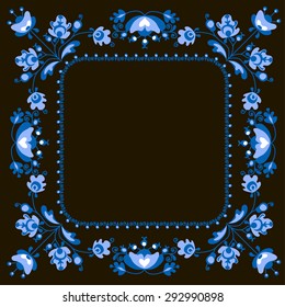 Vector frame on a black background with floral ornament in folk style. Template frame design for card. Can be used for packaging, invitations, decoration etc