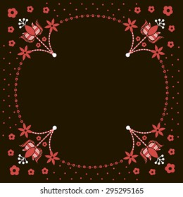 Vector frame on a black background with floral ornament in folk style. Template frame design for card. Can be used for packaging, invitations, decoration etc