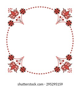 Vector frame on a light background with floral ornament in folk style. Template frame design for card. Can be used for packaging, invitations, decoration etc