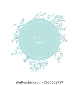 Vector frame on a marine theme with linear drawings of corals, starfish. Marine theme.
