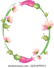 Vector frame on a separate transparent background. Wreath or frame, background with twigs, flowers and ornamental plants for the design of invitations, weddings or celebrations.