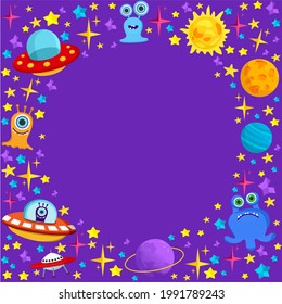 Vector frame on a space theme. UFO, planet, humanoid, alien, flying saucer. Flat-style illustration for flyers, posters, websites, apps, and childrens holiday decorations