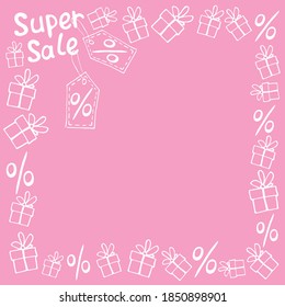 Vector frame on theme of black Friday, shopping, discounts and sales. Border made from hand drawn outline gifts, percents, price tags, inscriptions in doodle style