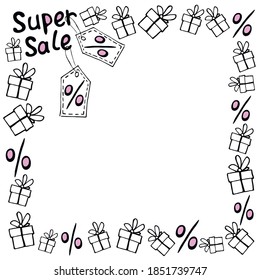 Vector frame on theme of black Friday, shopping, discounts and sales. Border made from hand drawn outline gifts, percents, price tags, inscriptions in doodle style