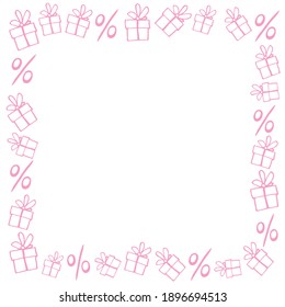 Vector frame on theme of black Friday, shopping, discounts and sales. Border made from hand drawn outline gifts, percents in doodle style