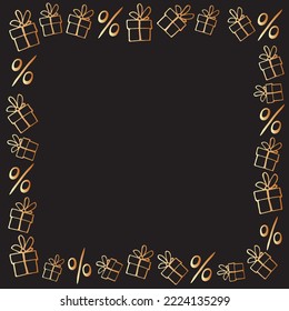 Vector frame on theme of black Friday, shopping, discounts and sales. Border made from hand drawn outline gifts, percents in doodle style