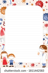 Vector frame on the theme of coronavirus with the image of cartoon elements. Stock vector illustration.