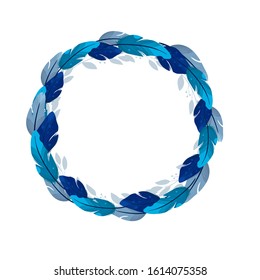 Vector frame on white background.  Wreath with feathers. Bright colorful spring.  