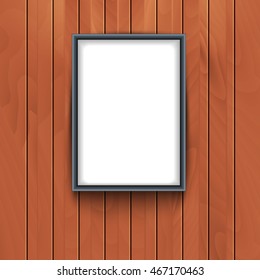 Vector frame on wooden wall background. Photo art decorative empty frame exhibition.