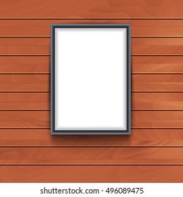 Vector frame on wooden wall background. Photo art decorative empty frame exhibition.