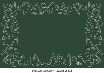 Vector frame with one line drawing of a Christmas trees isolated on a green background. New year illustration. Can be used as element for invitation, card, banner, web advertisement, etc.