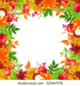 Vector frame with orange and green autumn leaves.