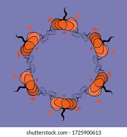 Vector frame of orange pumpkins on a purple background. A frame of orange pumpkins and a pattern of linear pumpkins on a purple background. Frame of pumpkins for Halloween